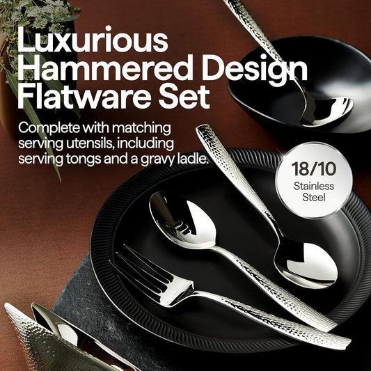 Luciella Ponza Flatware Set for 8, 45-Piece Stainless Steel Silverware Set with Serving Utensils, Timeless Hammered Design, Rust-Resistant, Mirror Polished & Dishwasher Safe