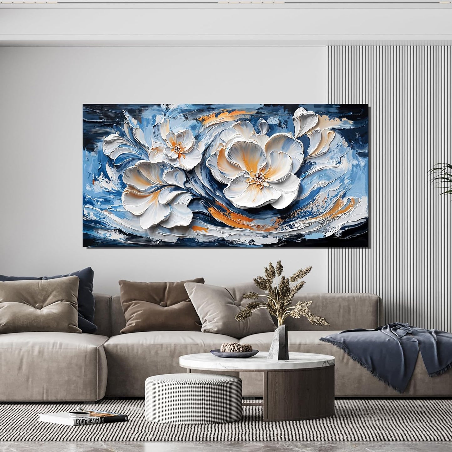 Large Canvas Wall Art Decor Wall Art Pictures for Living Room Abstract Canvas Art Wall Decor Blue White Wall Art Prints Modern Flower Wall Art Decorations Bederoom Office Home Decor 24" X 48"