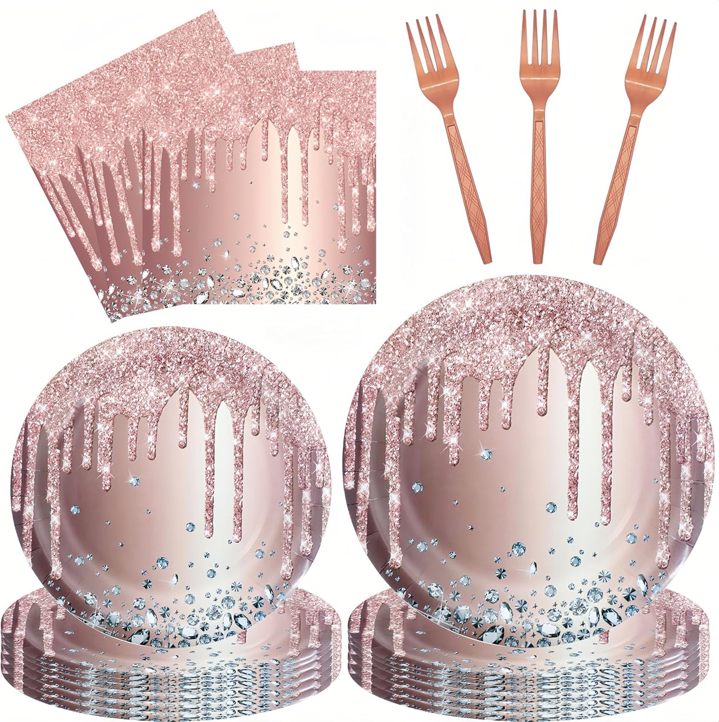 DTDO 96 Pcs Rose Gold Set Disposable Paper Plates Napkins and Forks Pink Party Decoration Rose Gold Themed Birthday Dinnerware for Girls Birthday Decorations, Serves 24