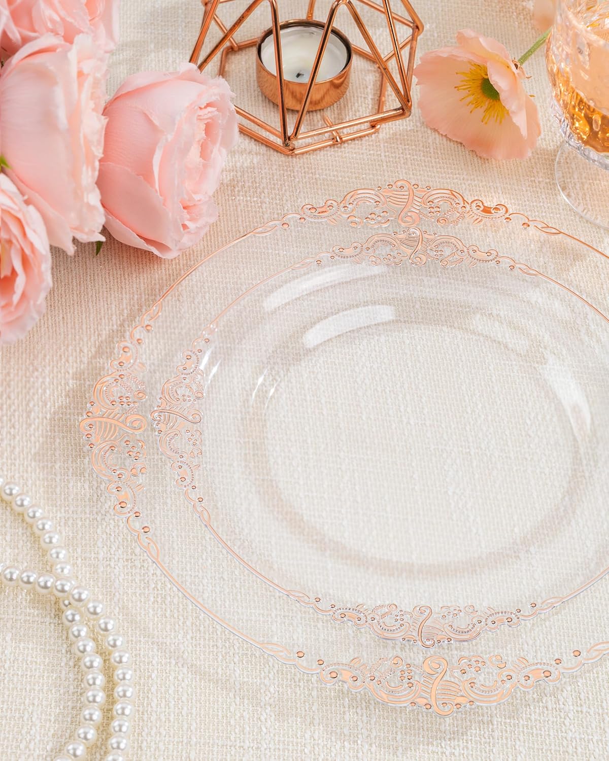 Nervure 175PCS Rose Gold Plastic Plates - Disposable Rose Gold Party Plates & Pre Rolled Napkins with Cutlery for 25 Guests, 50Plates, 75Silverware, 25Cups, 25Napkin for Wedding & Party
