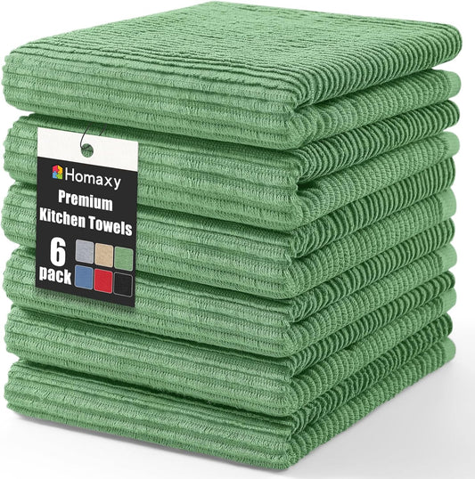 Homaxy Premium Kitchen Towels (18"x 28", 6 Pack), Large 100% Cotton Kitchen Hand Towels, Ultra Absorbent Ribbed Terry Tea Towels Set with Hanging Loop, Grass Green
