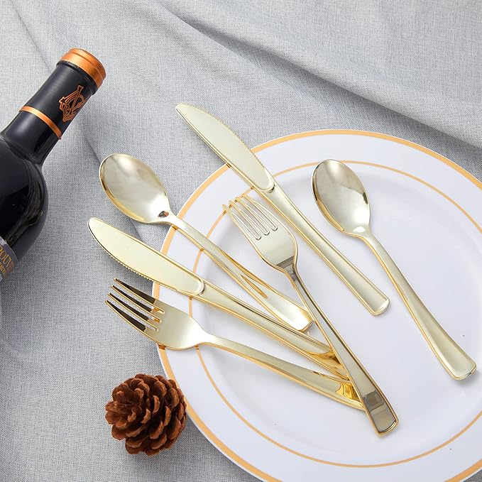 N9R 300PCS Gold Plastic Silverware, Heavy Duty Gold Plastic Cutlery Set Disposable Flatware Dinnerware, 100 Forks, 100 Spoons, 100 Knives, Perfect for Party, Wedding and Daily Use