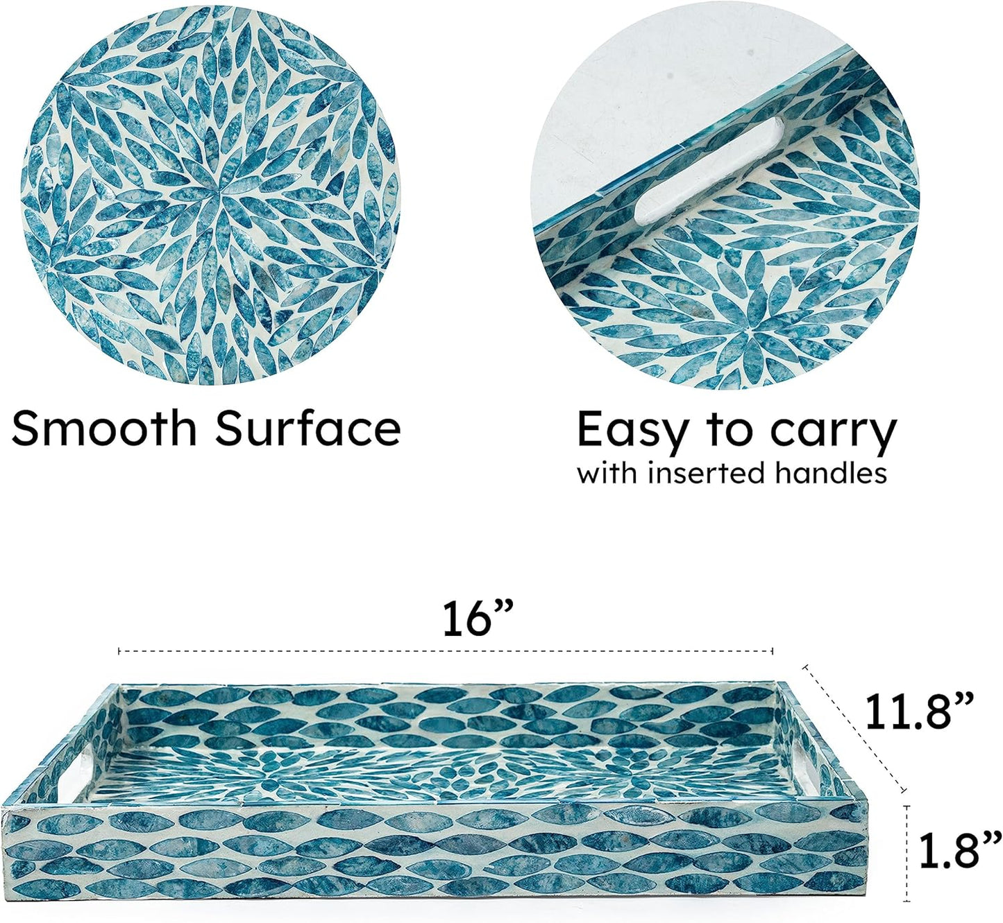 CLAYNIX Serving Tray 15.7" X11.8", Lacquer Mother of Pearl Inlay Mosaic Tray, Rectangle Wooden Marble Tray with Handles Trays for Tea, Breakfast in Bed, Table (Flower Style)