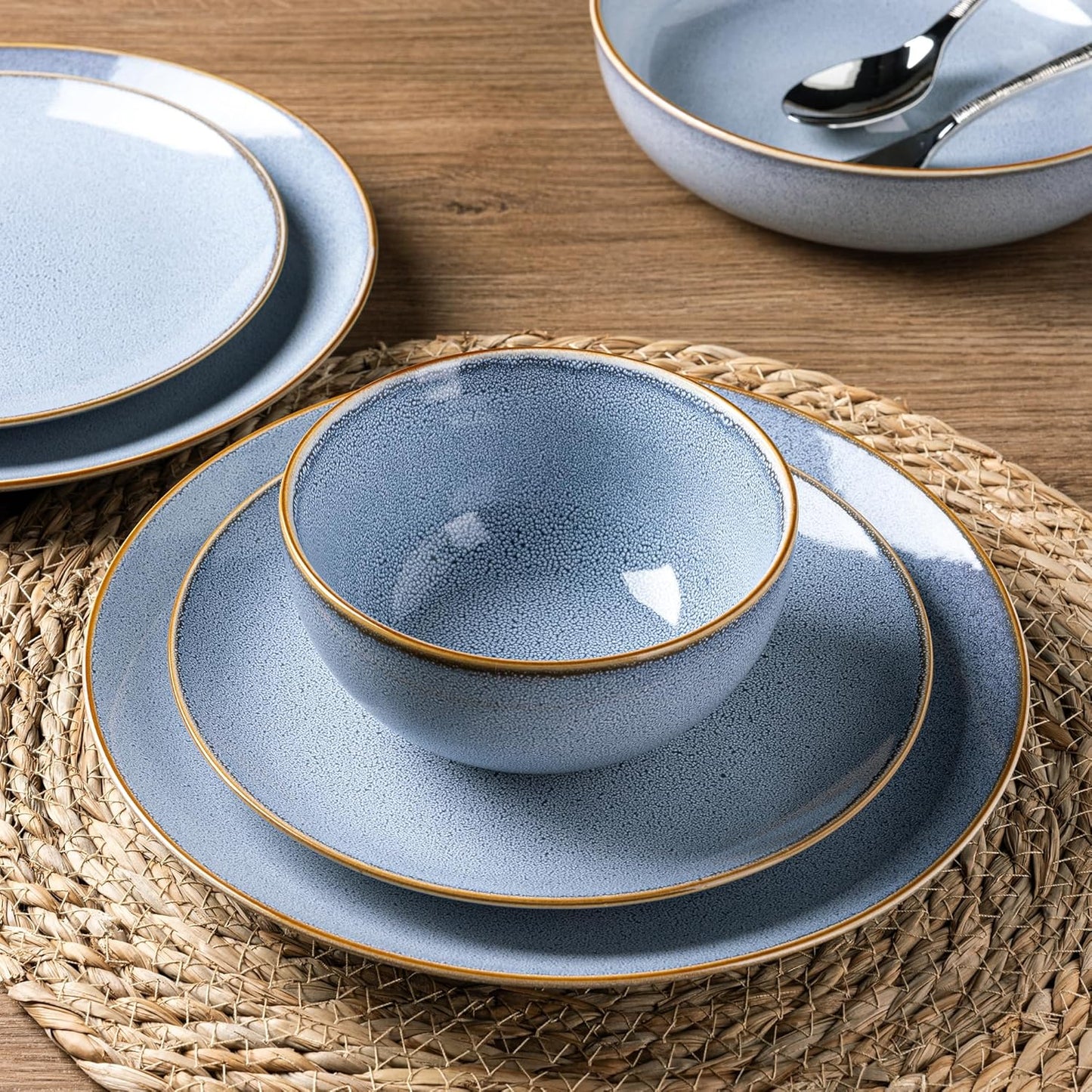 GBHOME Ceramic Dinnerware Sets for 4, 12 Pieces Stoneware Plates and Bowls Sets, Reactive Glaze Dishes -Scratch Resistant, Dishwasher&Microwave Safe- Brunnera Blue
