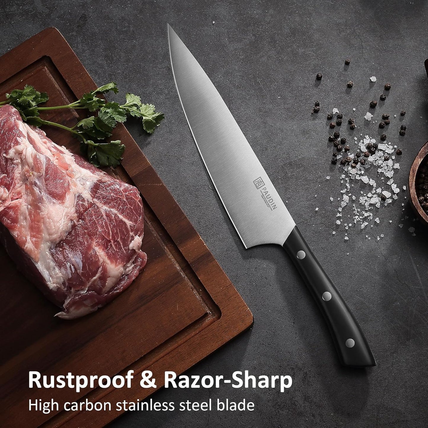 PAUDIN Kitchen Knife Set, 7 Piece Chef Knife Set, High Carbon Stainless Steel Kitchen Knives, Ultra Sharp Knives Set for Kitchen, Precise Cutting, Durable with Ergonomic Handle, Black