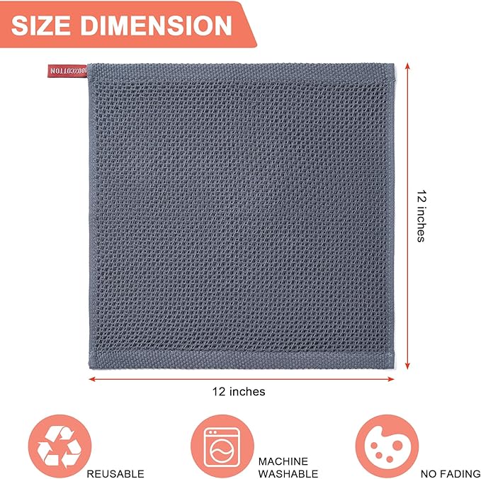 BOOMIBOO ﻿Kitchen Towels 6-Pack Kitchen Dish Cloths,100% Cotton Towels Waffle Weave, Ultra Soft Absorbent, Quick Drying, 12x12 Inches,Dark Grey