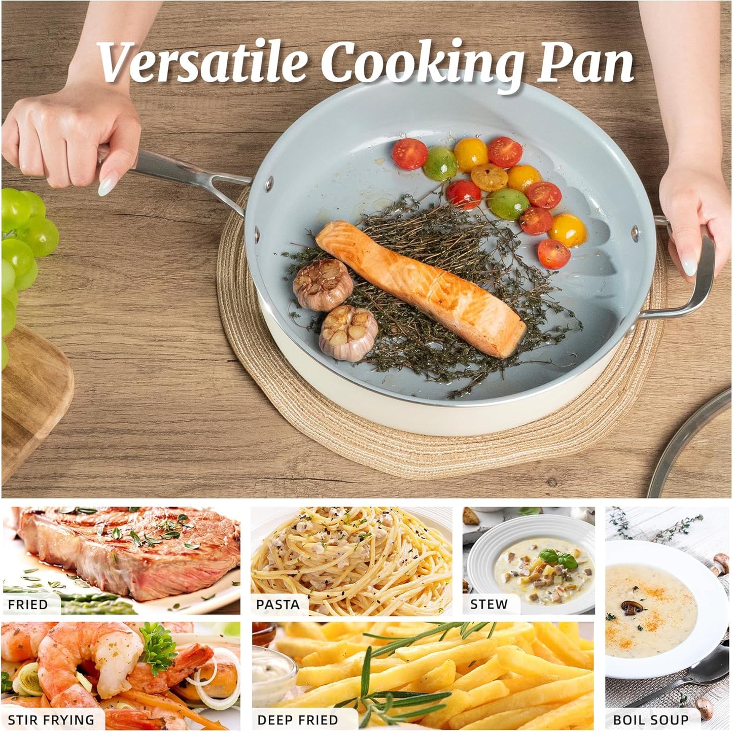 Nonstick Sauté Pan with Lid 5 QT Deep Frying Pan with Stainless Steel Helper Handle 12 inch Large Skillet Ceramic Jumbo Cooker for Healthy Cooking, Induction Compatible Cookware, PFOA Free