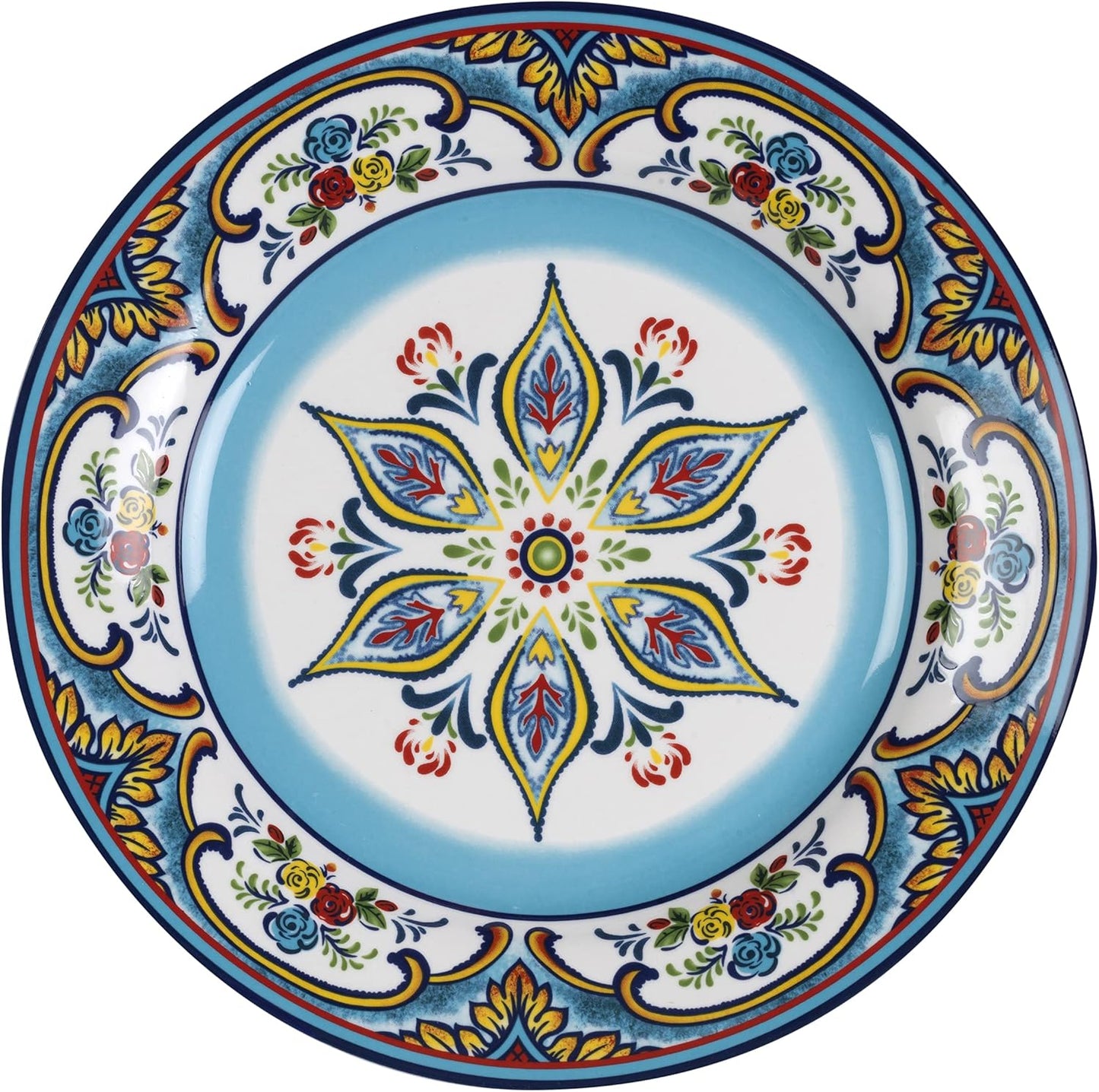 Euro Ceramica Zanzibar Collection Vibrant 10.9" Ceramic Dinner Plates, Set of 4, Spanish Floral Design, Multicolor
