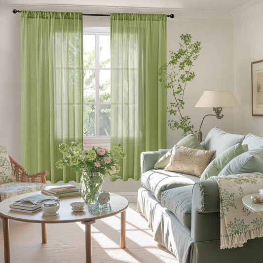 BGment Olive Green Linen Curtains for Living Room 63 Inch Length - Rod Pocket Natural Textured Light Filtering Drapes for Farmhouse Bedroom Lightweight Rustic Decor, 2 Panels Set, 52 X 63 Inch