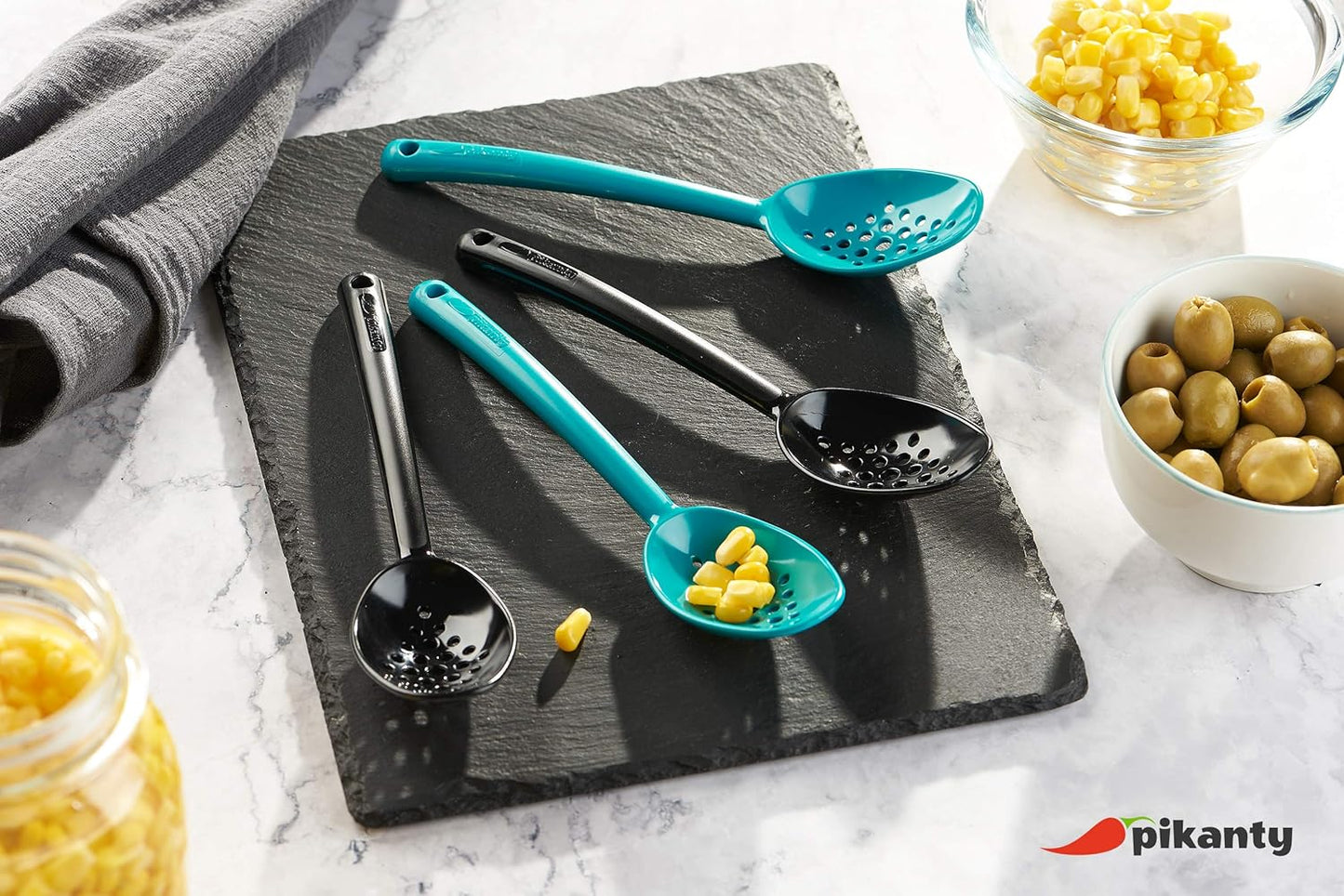 Pikanty - Small 7-Inch Slotted Serving Spoons (Pack of 4) - Perfect for Olives, Pickles & Condiments | Sturdy & Versatile | Made in USA