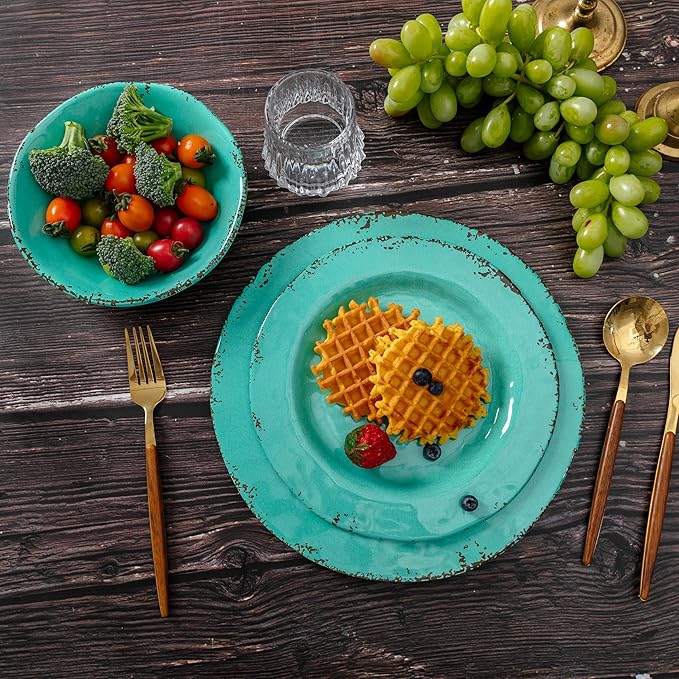 18-Piece Farmhouse Melamine Dinnerware Set - Shatterproof, Lightweight, and Durable Outdoor Dining Plates, Bowls, and Serving Dishes for Everyday Use, Camping, and Picnics, Light Green