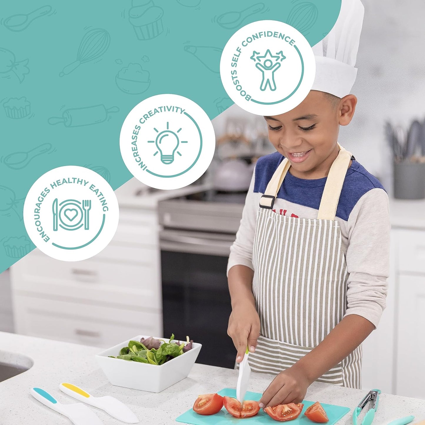 Tovla Jr. Kid Safe Knife Set for Real Cooking | 3-Piece Toddler Kitchen Knives | Montessori & STEM Cooking Tools Ages 4–12 | BPA-Free, Dishwasher-Safe | Christmas, Birthday & Stocking Stuffer Gift