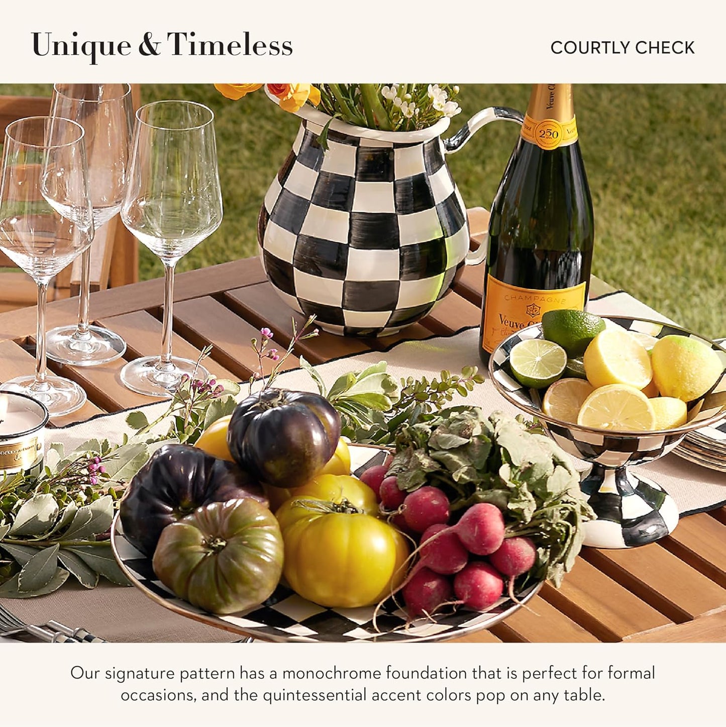 MACKENZIE-CHILDS Enamel Compote, Cute Enamel Pedestal Serving Dish or Decorative Bowl, Small, Black-and-White Courtly Check