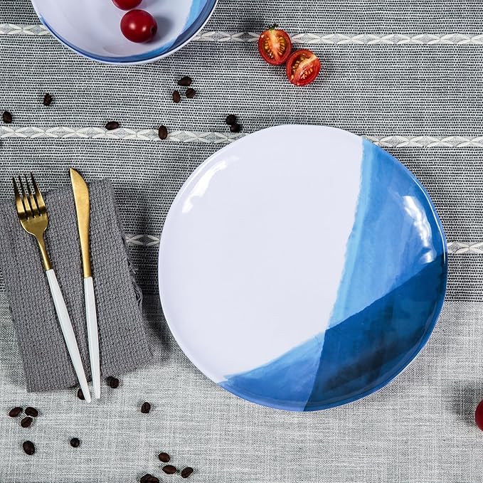 Melamine Plates and Bowls Set - 12pcs Dinnerware Dishes Set for 4, Dinner Plates for Indoor and Outdoor Use, Lightweight Break-resistant, Blue & White