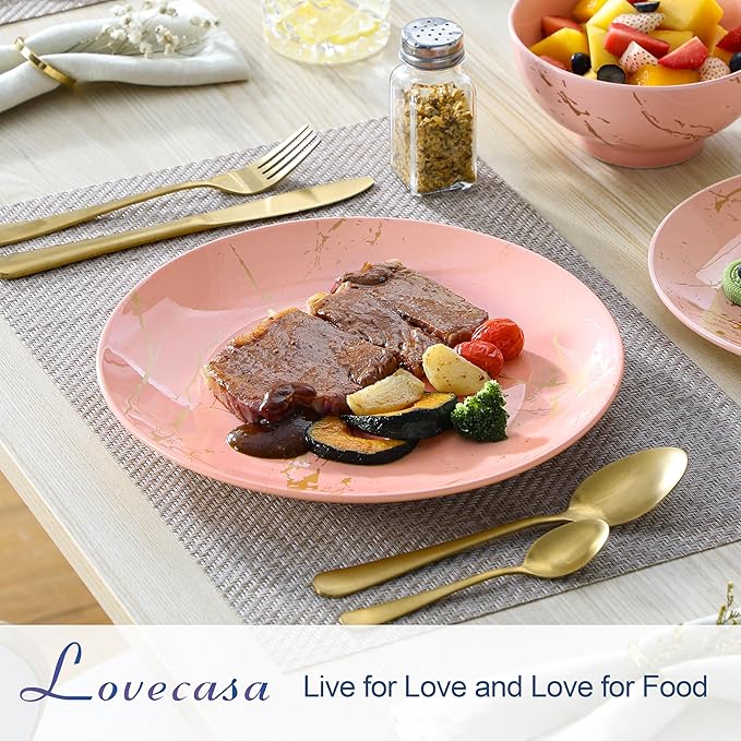 LOVECASA Pink Dinnerware Sets for 4, 12 Piece Porcelain Plates and Bowls Sets, Gold Splash Dish Set, Modern Ceramic Dinner Set, Dishwasher Microwave Safe