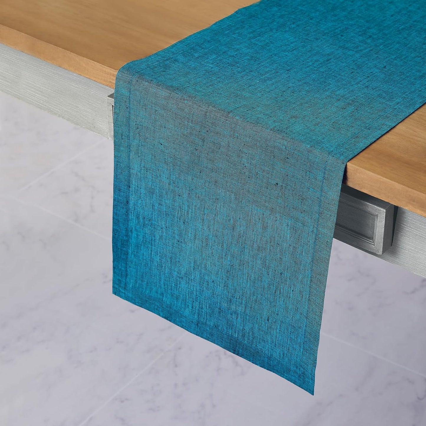 Solino Home Linen Table Runner 156 Inches Long - Athena, 100% Pure Linen Chambray Teal 14 x 156 Inch Table Runner for Dining, Fall, Autumn