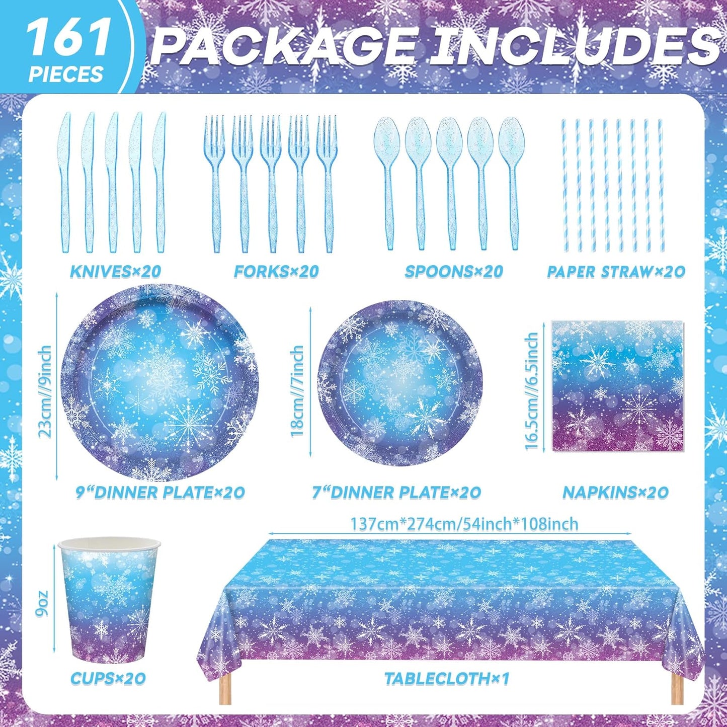 Magical Frozen Wonderland Party Dinnerware Kit - 161 Blue Purple Winter Snowflake Birthday Supplies Decor for Kids - Premium Dinner&Dessert Plates Cutlery Napkins Straws Cups Tablecloth for 20 Guests