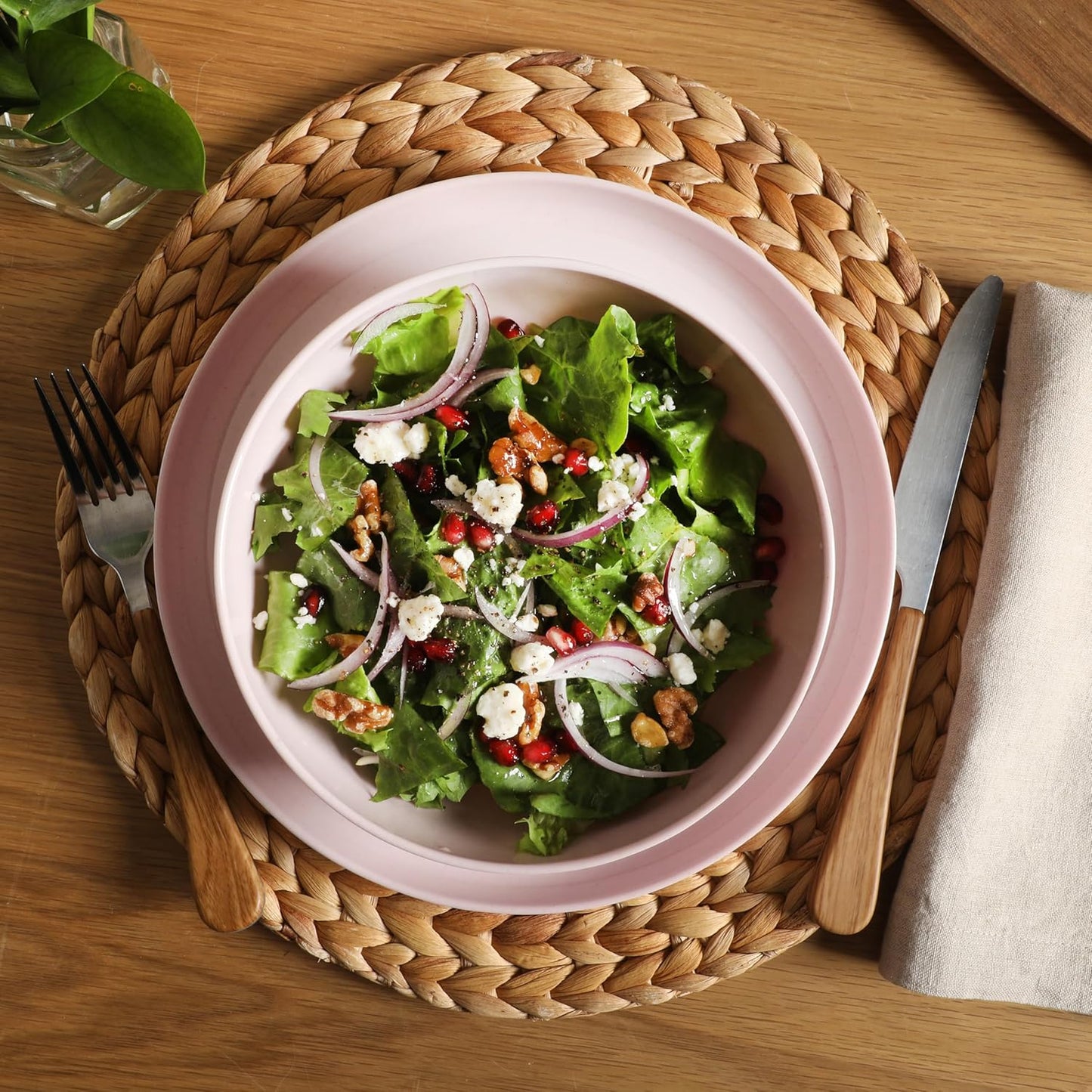 Gibson Home Candy Skies 12 Piece Unbreakable Wheat Straw Melamine Plates and Bowls Dinnerware Set - Outdoor, Camping, & Everyday Use - Matte Exterior/Shiny Interior Pink