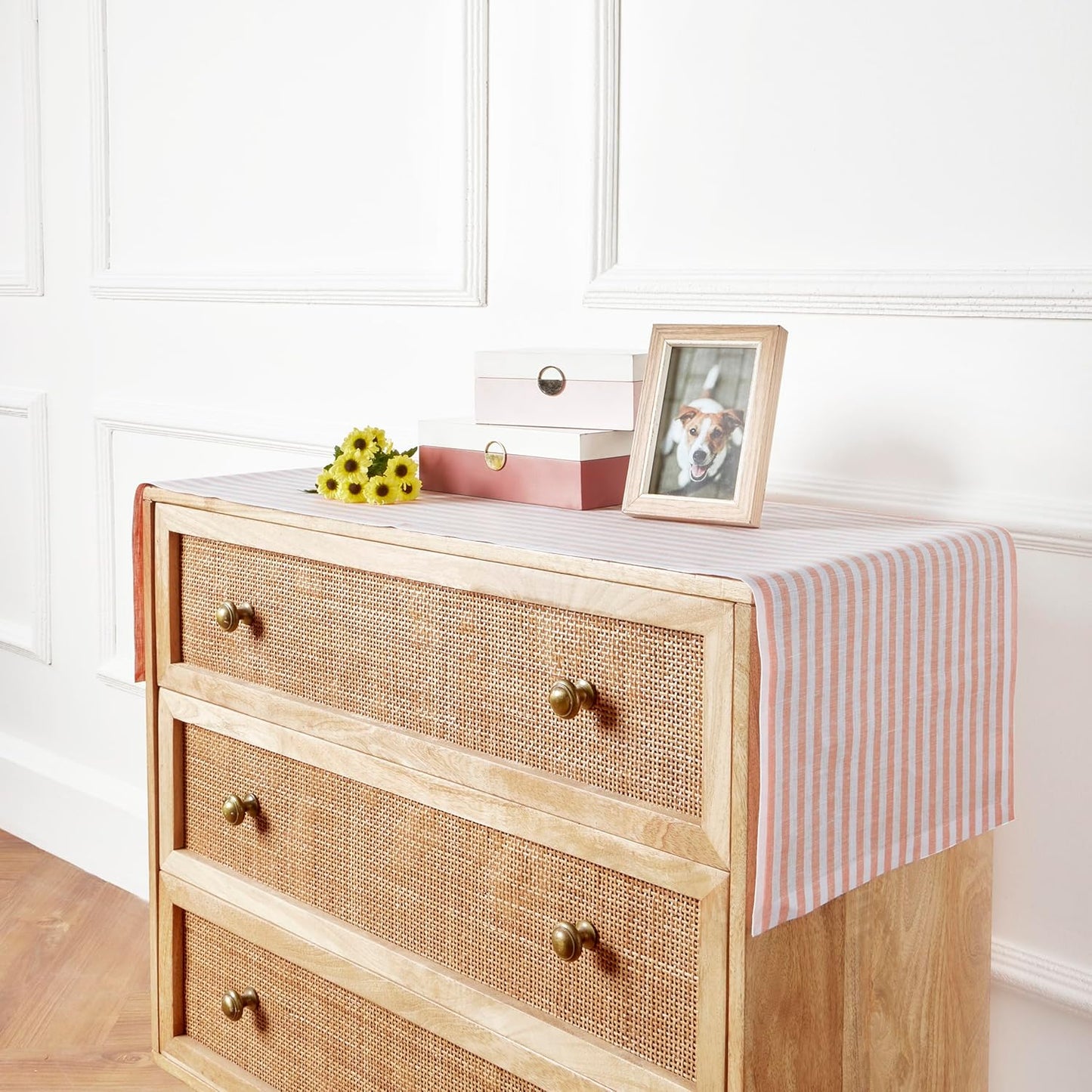 Solino Home Striped Linen Table Runner 60 Inches - Amalfi Stripe, 100% Pure Linen Coral and White Small Table Runner 14 x 60 Inch Ideal for Dresser and Coffee Tables