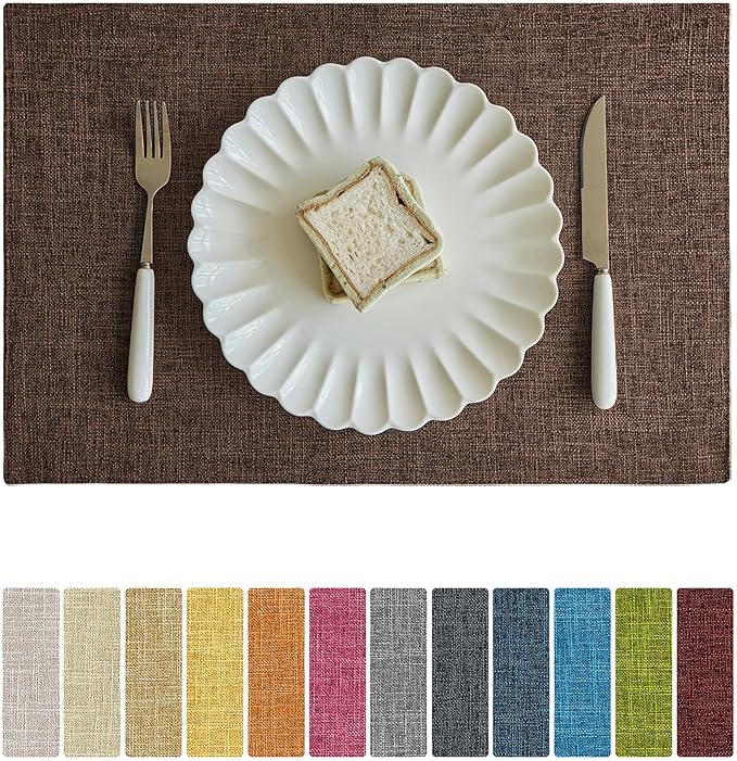 Softalker Faux Linen Placemats Set of 12-12 x 18 Inch, Heat Resistant Double Layered Durable Burlap Farmhouse Place Mats, Non-Slip Washable Rustic Table Mats for Dining, Kitchen, Party（Dark Brown
