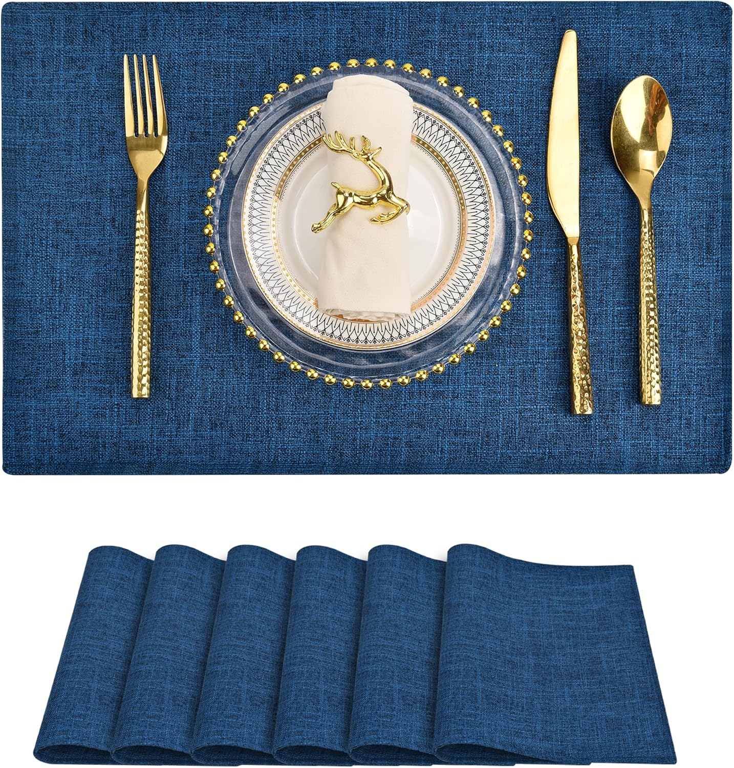SLKQG Navy Linen-Look Fabric Placemats Set of 6, Heat Resistant & Machine Washable Double-Layered Cloth Placemats for Dining Table, Indoor/Outdoor Use, Non-Slip Kitchen Table Mats (6, Navy)