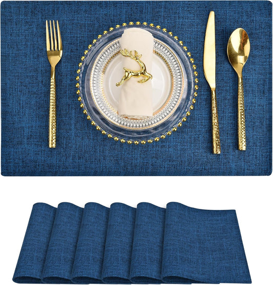 SLKQG Navy Linen-Look Fabric Placemats Set of 6, Heat Resistant & Machine Washable Double-Layered Cloth Placemats for Dining Table, Indoor/Outdoor Use, Non-Slip Kitchen Table Mats (6, Navy)
