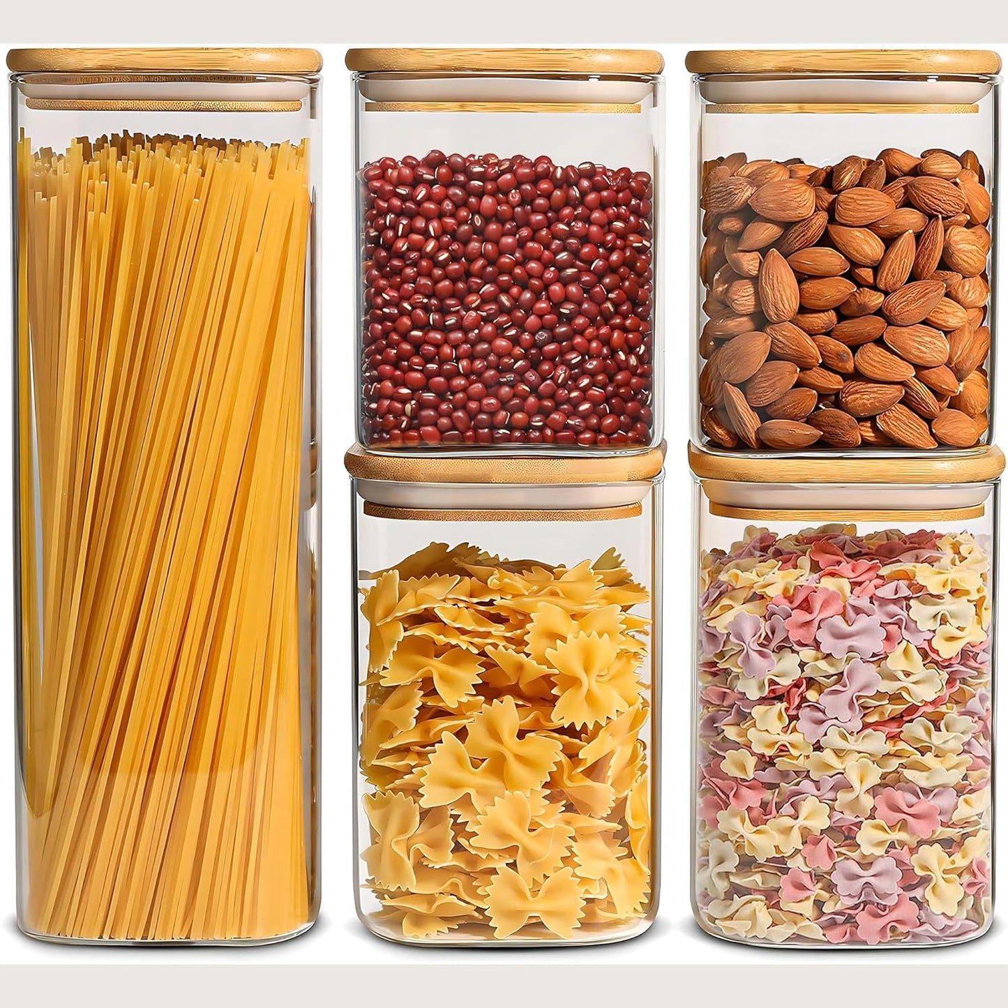 Glass Food Storage Jars Set of 5 with Bamboo Lid Airtight Glass Storage Canister, Square Kitchen Clear Food Storage Container Jar, for Pasta, Coffee, Cookies, Nuts, Cereal, Oats, Flour