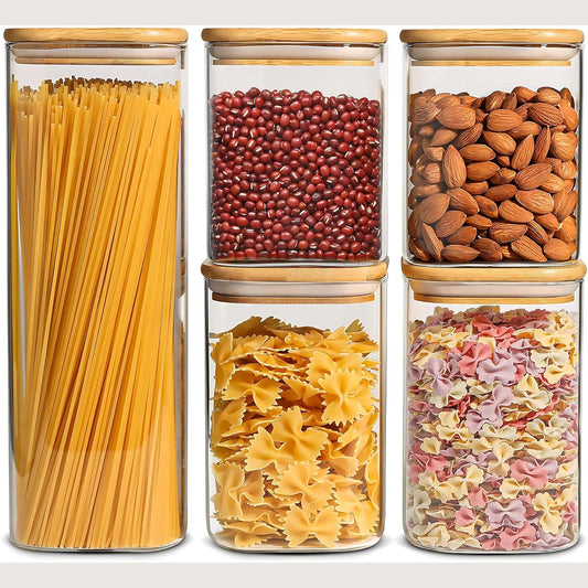 Glass Food Storage Jars Set of 5 with Bamboo Lid Airtight Glass Storage Canister, Square Kitchen Clear Food Storage Container Jar, for Pasta, Coffee, Cookies, Nuts, Cereal, Oats, Flour