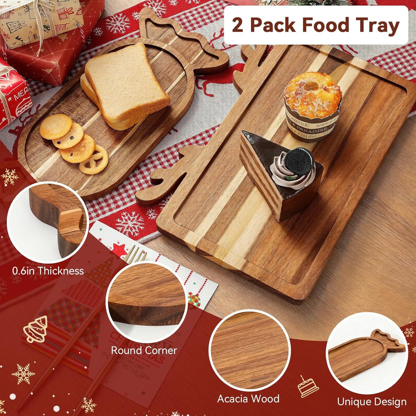 2 Pcs Christmas Charcuterie Boards, Antler & Candy Wooden Cutting Board with Handle, Acacia Wood Christmas Serving Tray for Cheese Fruit Bread Salad Vegetables Snack Dessert