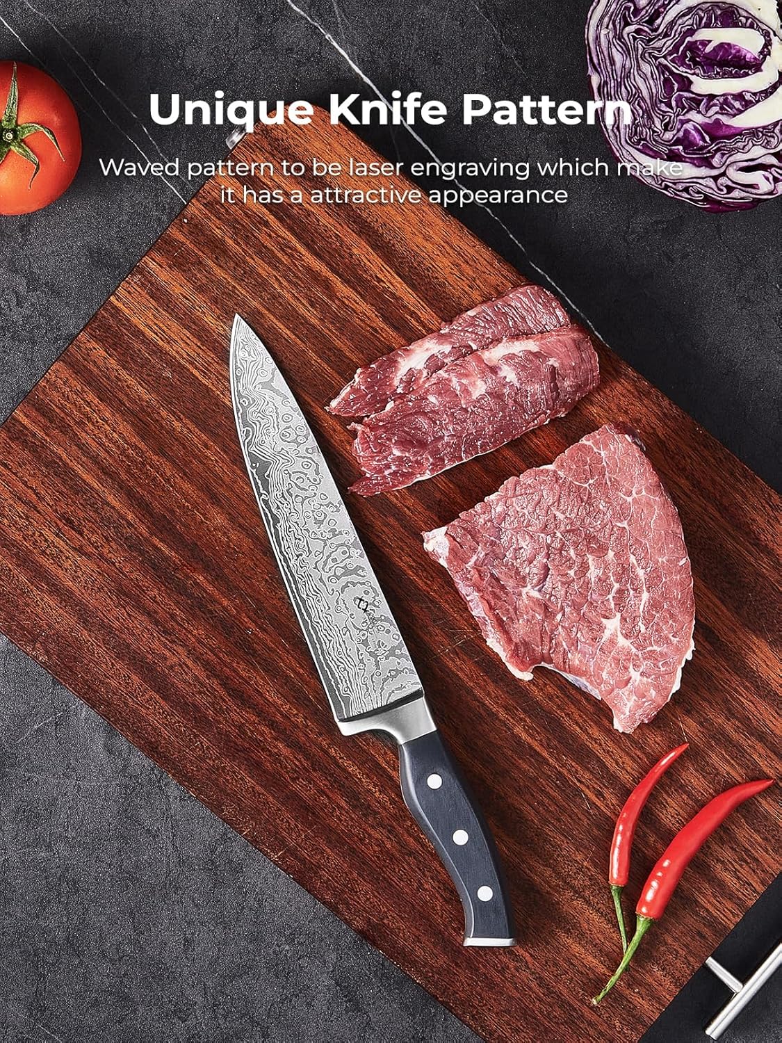 Knife Set, AMEGAT Knife Block Set with Advanced Self-Sharpening Technology, 14-Piece Waved Texture Kitchen Knives, Stainless Steel Knife Set with Block, Razor-Sharp and Full Tang Handle