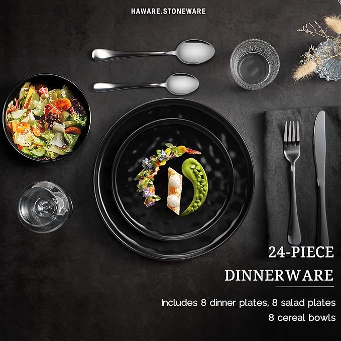 HaWare Dinnerware Sets, 24-Piece Plates and Bowls Set, Stoneware Dish Set for 8, Ceramic Dinnerware for Home Restaurant, Chip and Scratch Resistant, Microwave and Dishwasher Safe, Matte Black