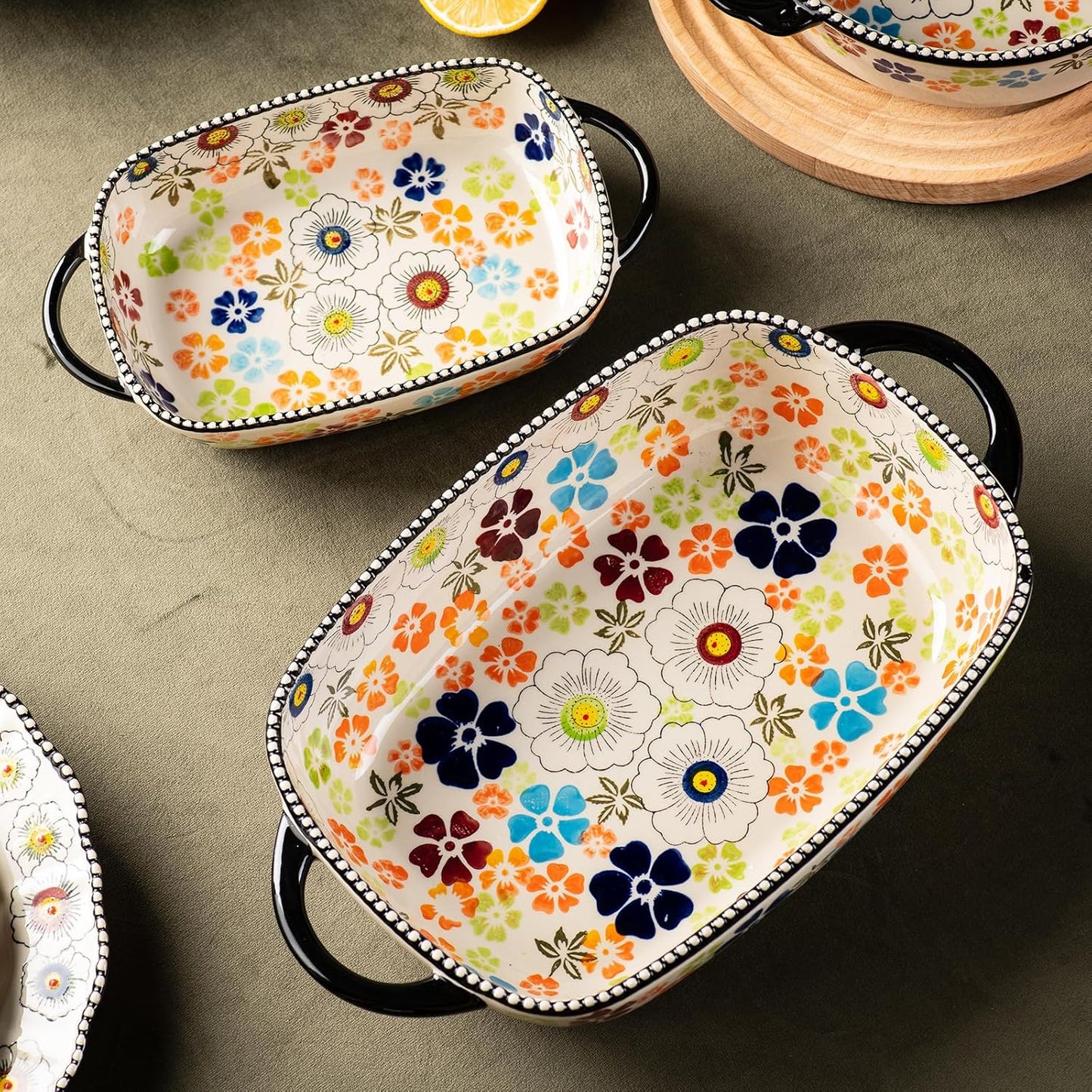 Retro pastoral style Ceramic Baking Dish Rectangular Bakeware Set Baking Pan, 2-piece Hand-painted Porcelain Baking pan with handle, Casserole Dish for Oven/Cooking/Kitchen (Green Traces)