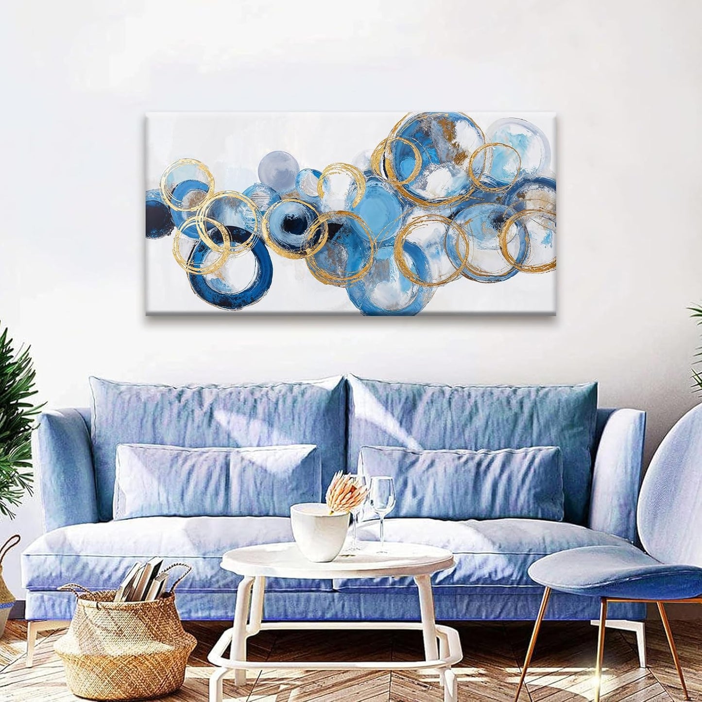 Suconvng Abstract Wall Art Maximalist Canvas Wall Art Decor Prints Blue Gold Circle Modern Abstract Wall Decor Artwork For Living Room Bedroom Kitchen Office Artwork Ready To Hang 24" × 48"