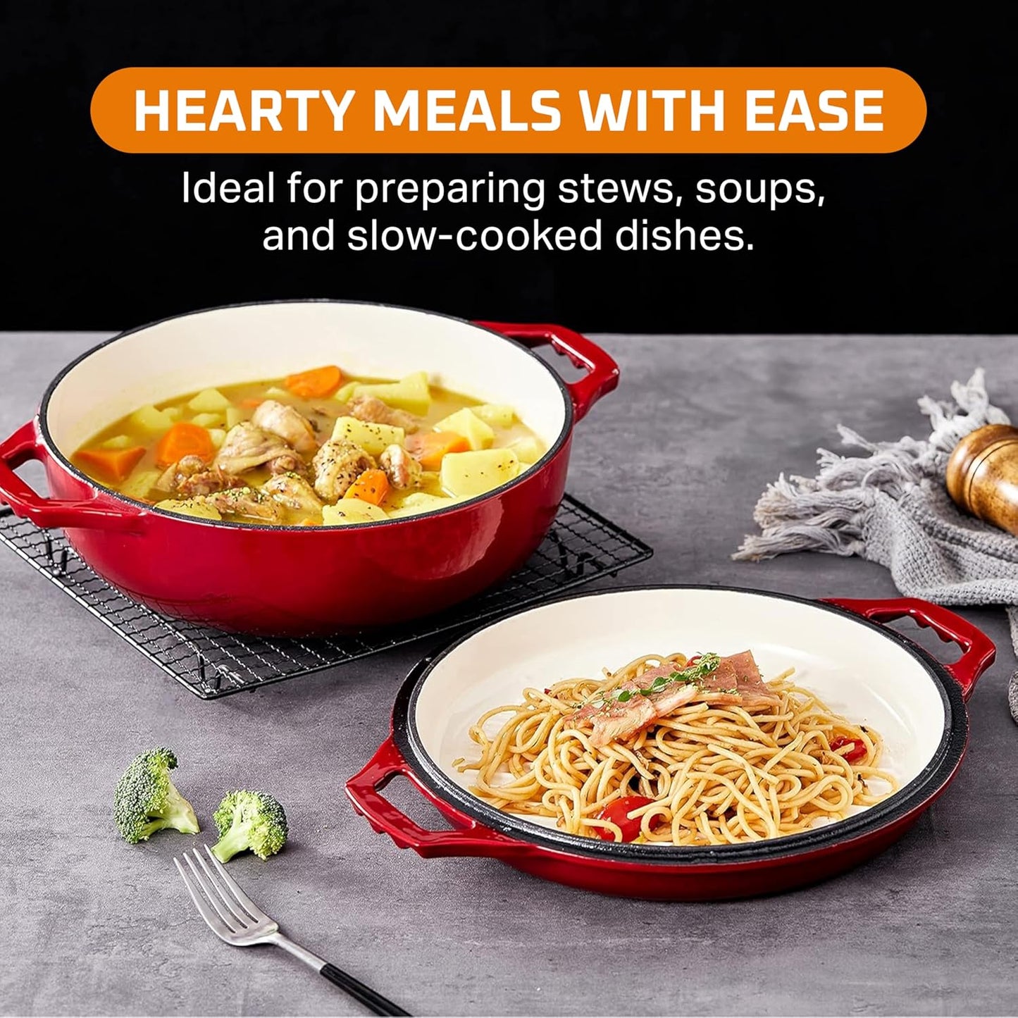 Bruntmor 2-in-1 Pre-Seasoned Cast Iron Pan |Cocotte Double Braiser Pan with Grill Lid 3.3 Quarts - Barbecue Grill Non Stick Frying Pan - Nonstick Cookware Set with Wide Handle (Red)