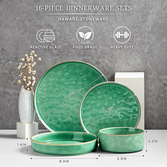 HaWare Dinnerware Sets, 16-Piece Plates and Bowls Set, Stoneware Dish Set for 4, Ceramic Dishware Set for Pasta Cereal, Chip and Scratch Resistant, Microwave and Dishwasher Safe, Reactive Green