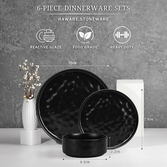 HaWare Dinnerware Sets, 6-Piece Plates and Bowls Set, Stoneware Dish Set for 2, Ceramic Dinnerware for Home Restaurant, Chip and Scratch Resistant, Microwave and Dishwasher Safe, Matte Black
