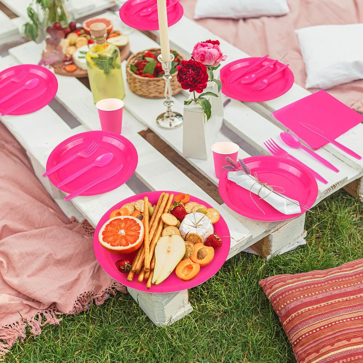 durony 350 Pieces Hot Pink Paper Dinnerware Set 7 Inch 9 Inch Disposable Dinner Plates Serve 50 Guests Paper Cup Cutlery Napkins Solid Color Party Supplies for Birthday Wedding Party Family Picnic