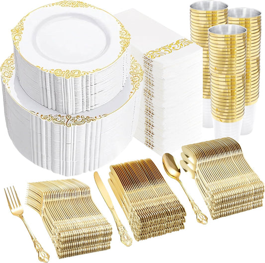 YOUBET 700PCS Gold Plastic Dinnerware Set - White and Gold Disposable Plates for 100 Guest - 200 Disposable Plates, 300 Heavy Duty Plastic Silverware, 100 Cups,100 Napkins for Wedding Thanksgiving