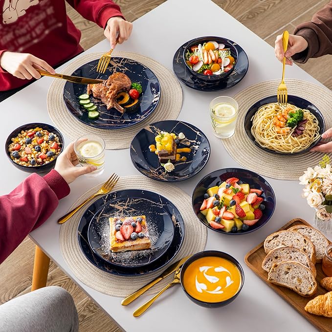 LOVECASA Plates and Bowls Sets for 6, 24 Pieces Porcelain Dinnerware Sets, Dark Blue and Gold Dish Set Gold Splash Dishware Sets, Dishwasher Microwave Safe