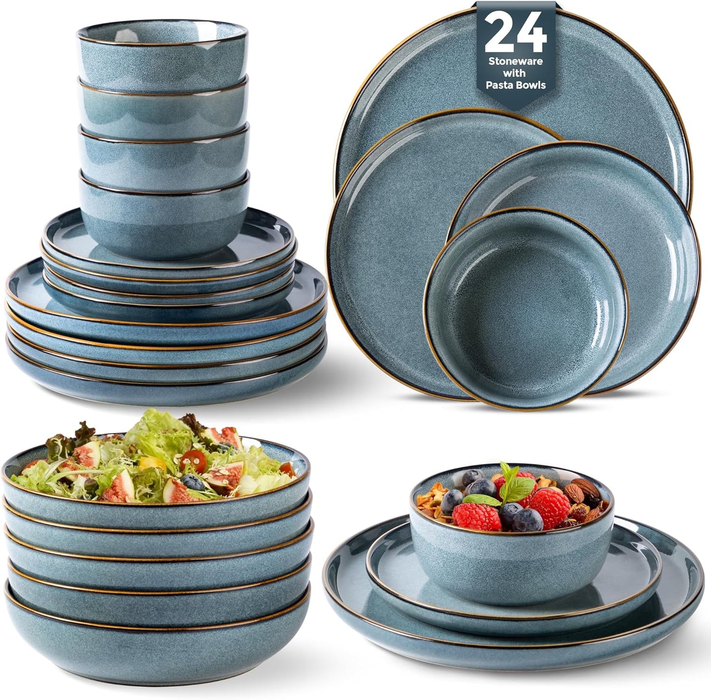 GBHOME 24 Pieces Double Bowls Ceramic Dinnerware Sets for 6, Stoneware Plates and Bowls Set with Reactive Glaze, Scratch Resistant Stoneware Dishes Set, Dishwasher & Microwave Safe