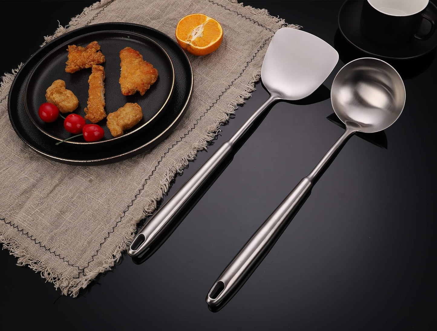 FJNATINH Wok Spatula and Soup Ladle Set - 304 Stainless Steel Wok Utensil Tools Set, 2 Pieces All Metal Cooking Kitchen Utensils,Chinese Wok Accessories for Cast Iron/Carbon Steel Wok