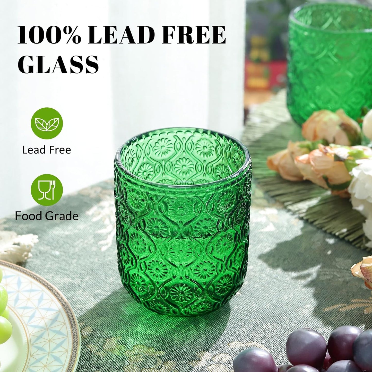 Joeyan Small Drinking Glasses,Vintage Green Embossed Floral Water Glass Tumbler Cups,Colored Beverages Cocktail Juice Wine Glassware,9 oz,Set of 4,Dishwasher Safe