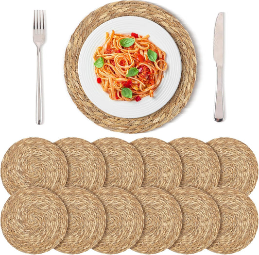 Set of 12 Round Woven Placemats 12 Inches Bulrush Placemats Natural Hand-Woven Boho Rattan Placemats Wicker Table Mats Farmhouse Weave Place Mats for Home Dining Table