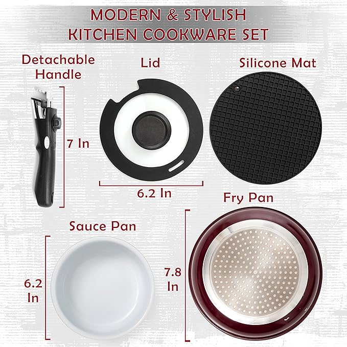 Moss & Stone Aluminum Pots And Pans Set Nonstick, Removable Handle Cookware, Stackable Pots And Pans Set, Dishwasher safe, Induction Pots And Pans, Camping Cookware Set (5 Pcs Burgandy)