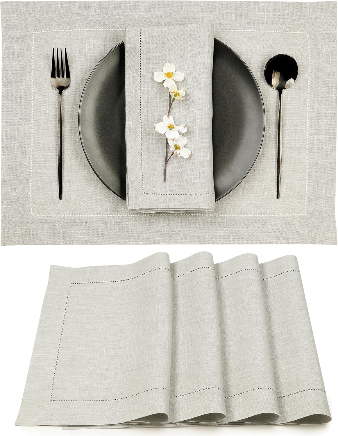 D'Moksha Homes Silver Grey Linen Cloth Placemats Set of 4-100% Pure Linen Hemstitch Placemats 14 x 19 Inch - Classic Hemstitch Table Place Mats for Fall, Halloween - Handcrafted and Machine Washable