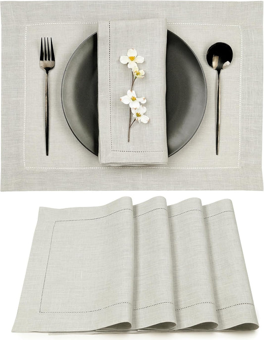 D'Moksha Homes Silver Grey Linen Cloth Placemats Set of 4-100% Pure Linen Hemstitch Placemats 14 x 19 Inch - Classic Hemstitch Table Place Mats for Fall, Halloween - Handcrafted and Machine Washable
