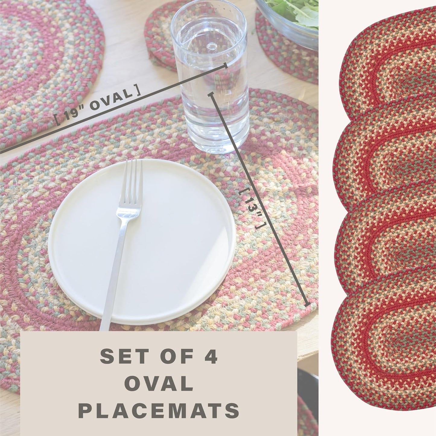 Homespice Cider Barn Jute Braided Placemats, Warm Country Rustic Decor, Set of 4, Red 13x19 Oval Table Mats - Vibrant Colors, Durable, Easy to Clean and Protects Furniture