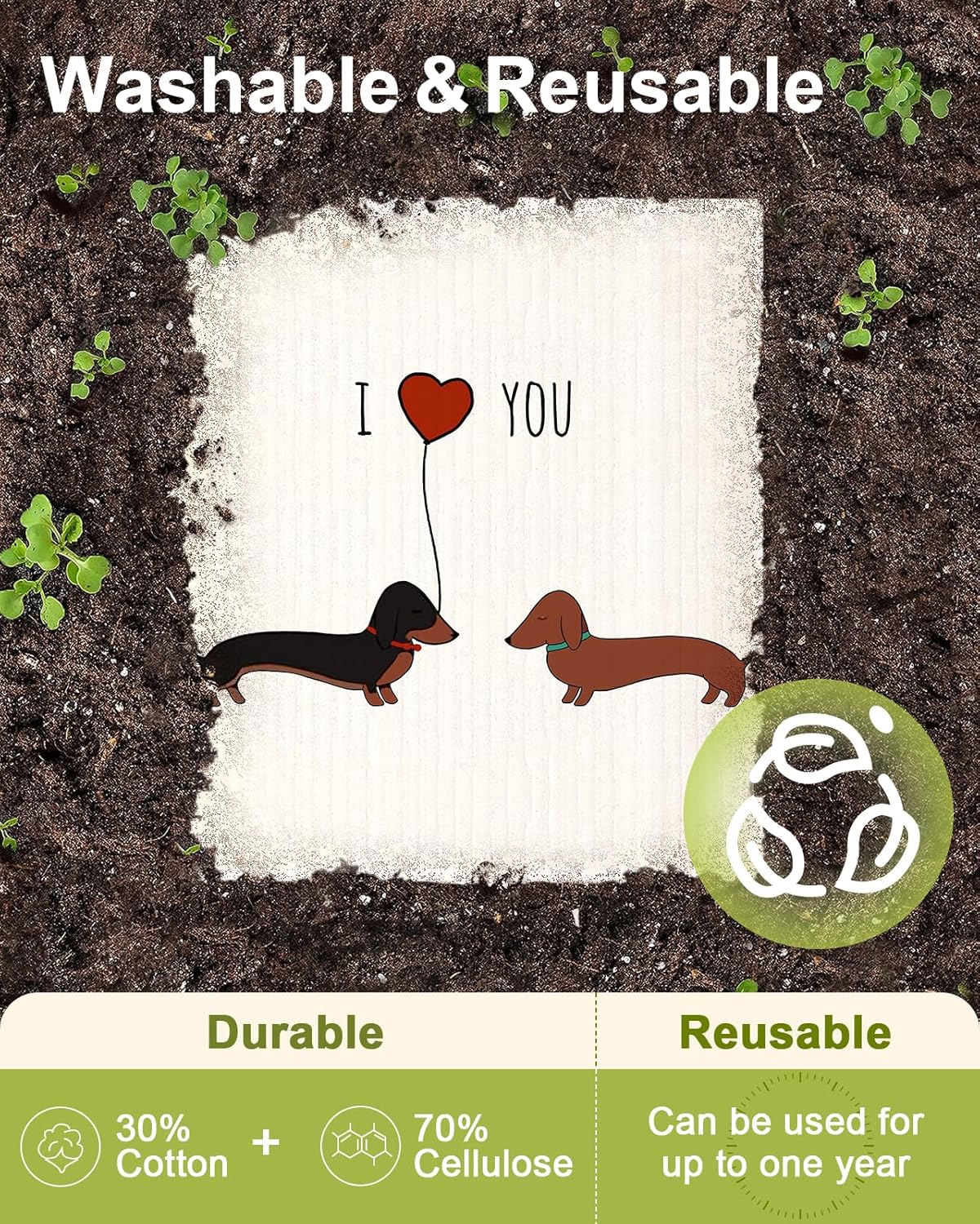 6 Pack Swedish Dishcloths for Kitchen - Reusable Dish Cloths for Washing Dishes Absorbent Cute Funny Kitchen Towels Cleaning Sponge, Love Dachshund