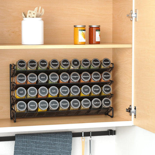 SpaceAid Spice Rack Organizer with 36 Spice Jars, 386 Spice Labels, Chalk Marker and Funnel Set for Cabinet, Countertop, Pantry, Cupboard or Door & Wall Mount - 36 Jars, 17.2" W × 10.8" H, Black
