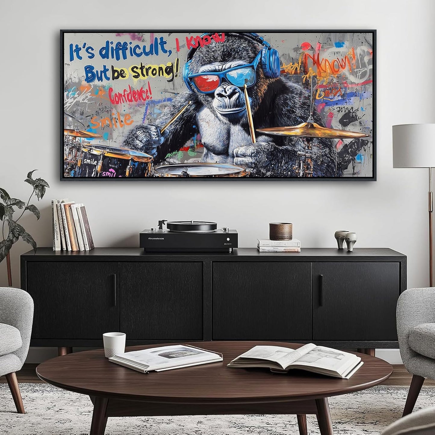 QZQCBLC Large Canvas Wall Art - Abstract Graffiti Gorilla Wearing Glasses Playing Drums Street Art Paintings Artwork Pictures for Living room Bedroom Bar Men's Teenager Game Room Decor 29X58